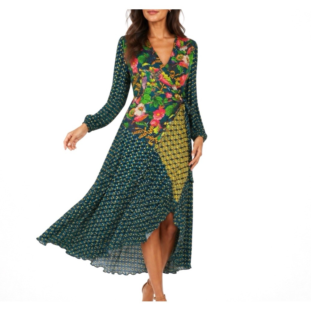 Anthro Romalie Wrap Dress Boho  L Patchwork Print Floral Mix Media Ruffle Midi